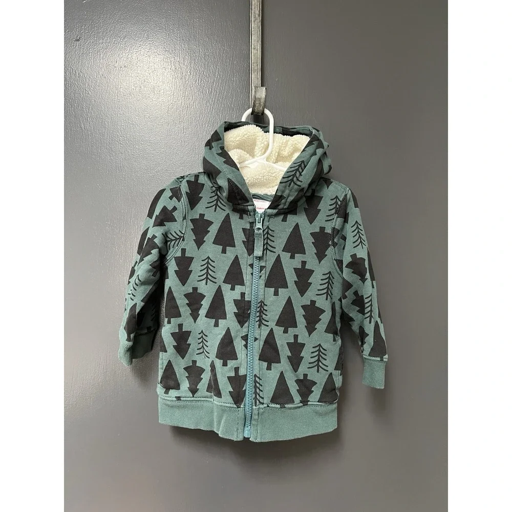 Hanna Andersson Green Tree Sherpa Fleece Lined Full Zip Hoodie Kids Size 2T